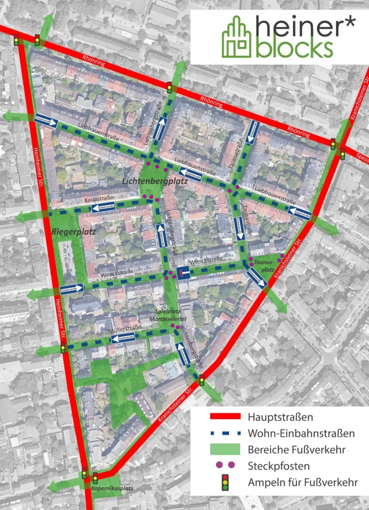 Auf der Stadtkarte des Martinsviertels ist eingezeichnet, wie der Lichtenbergblock als erster verkehrsberuhigter Heinerblock aussehen könnte.